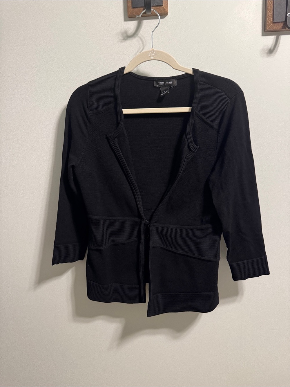 White House Black Market Black Open-Front Ribbed Trim Cardigan